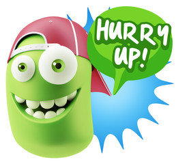 3d Rendering Smile Character Emoticon Expression saying Hurry Up