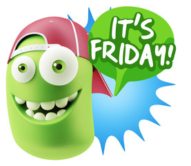 3d Rendering Smile Character Emoticon Expression saying It's Fri