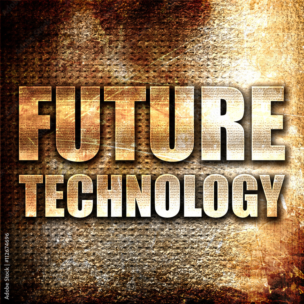 Poster future technology, 3d rendering, metal text on rust background