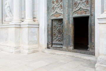 Ornate entrance to the cathedral of Girona, Spain