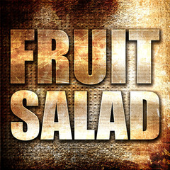 fruit salad, 3D rendering, metal text on rust background