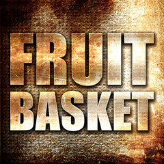 fruit basket, 3D rendering, metal text on rust background