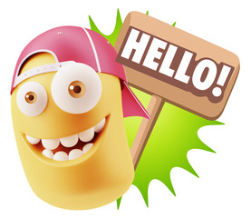 3d Rendering Smile Character Emoticon Expression saying Hello wi