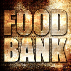 food bank, 3D rendering, metal text on rust background