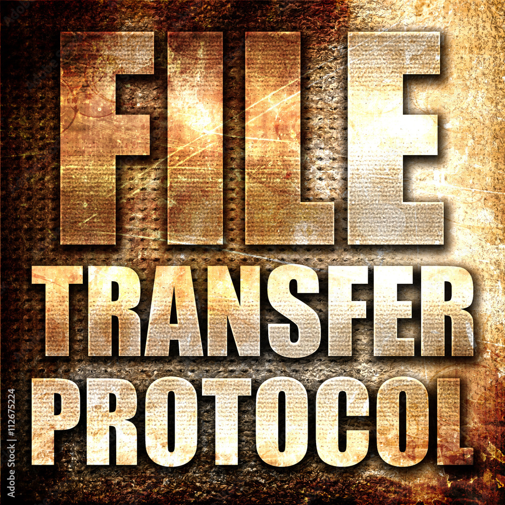 Aufkleber file transfer protocol, 3d rendering, metal text on rust backgro