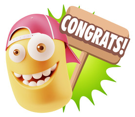 3d Rendering Smile Character Emoticon Expression saying Congrats