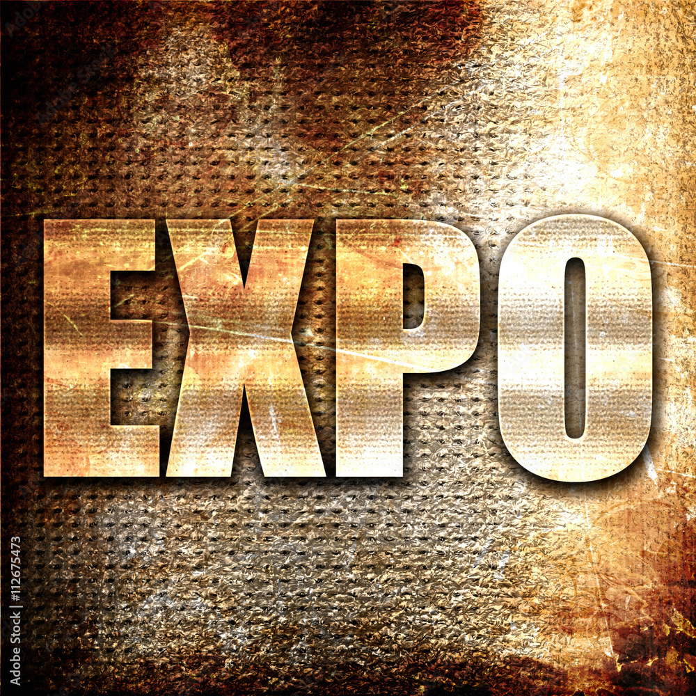 Poster expo, 3d rendering, metal text on rust background