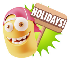 3d Rendering Smile Character Emoticon Expression saying Holidays