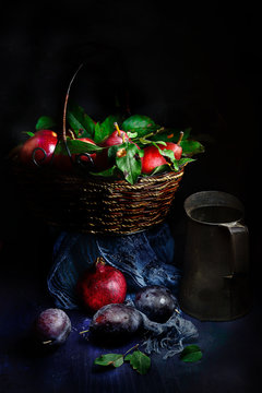 Basket with fresh fruit, still life