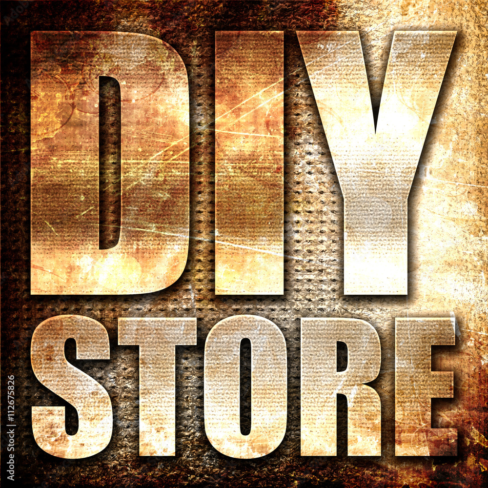 Poster diy store, 3d rendering, metal text on rust background