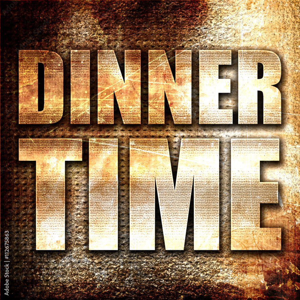 Poster dinner time, 3d rendering, metal text on rust background
