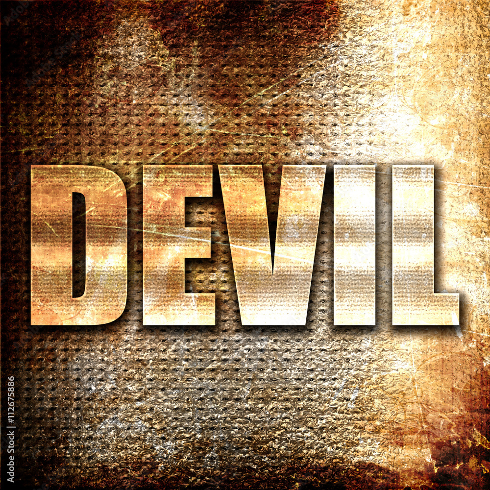 Poster devil, 3d rendering, metal text on rust background