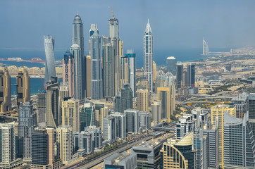 Fototapeta na wymiar Panorama and aerial view of downtown Dubai in a summer day, United Arab Emirates