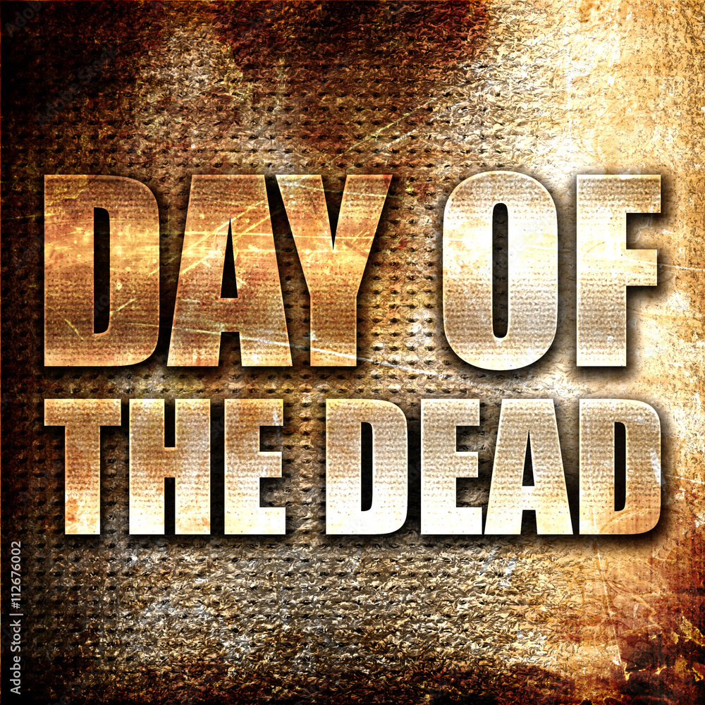 Poster day of the dead, 3d rendering, metal text on rust background
