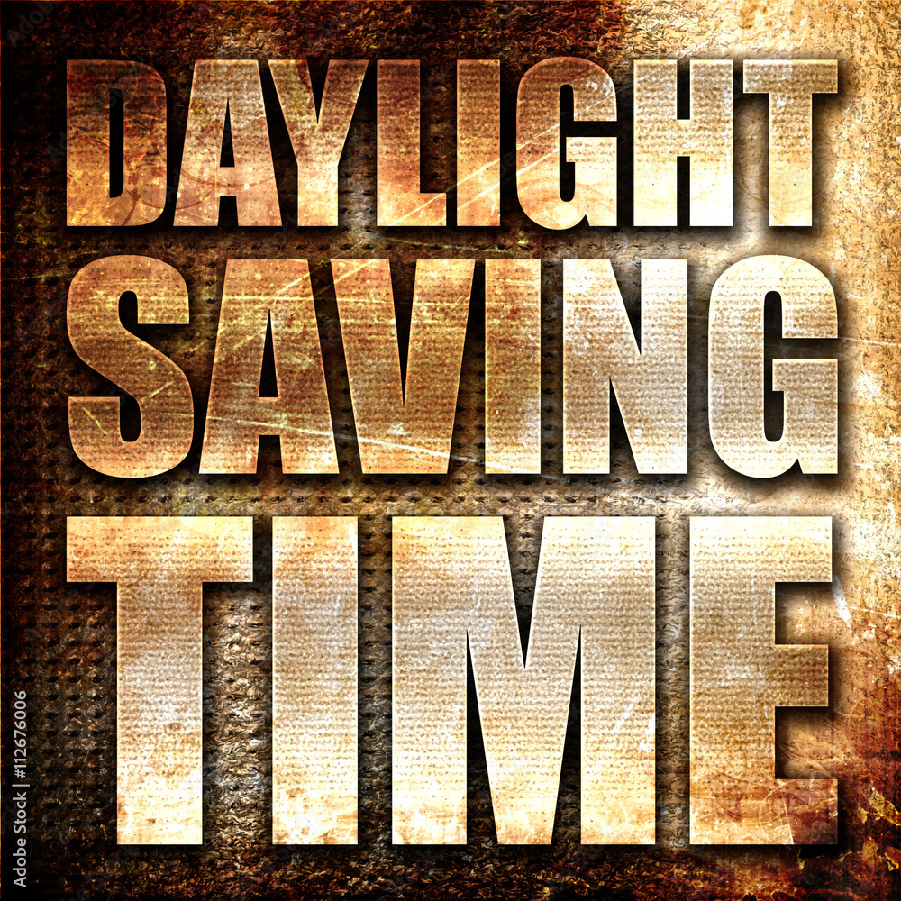 Fototapete daylight saving time, 3d rendering, metal text on rust backgroun