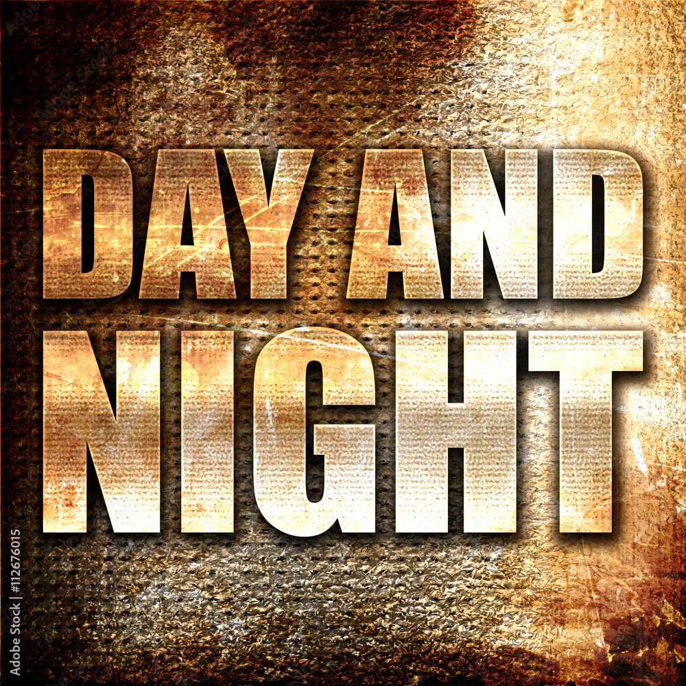 Poster day and night, 3d rendering, metal text on rust background