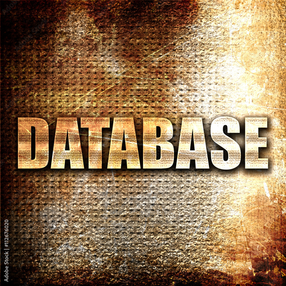 Poster database, 3d rendering, metal text on rust background