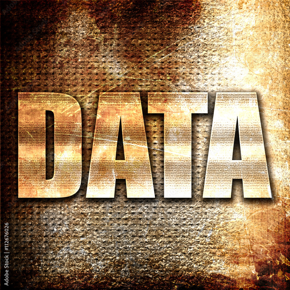 Aufkleber data, 3d rendering, metal text on rust background