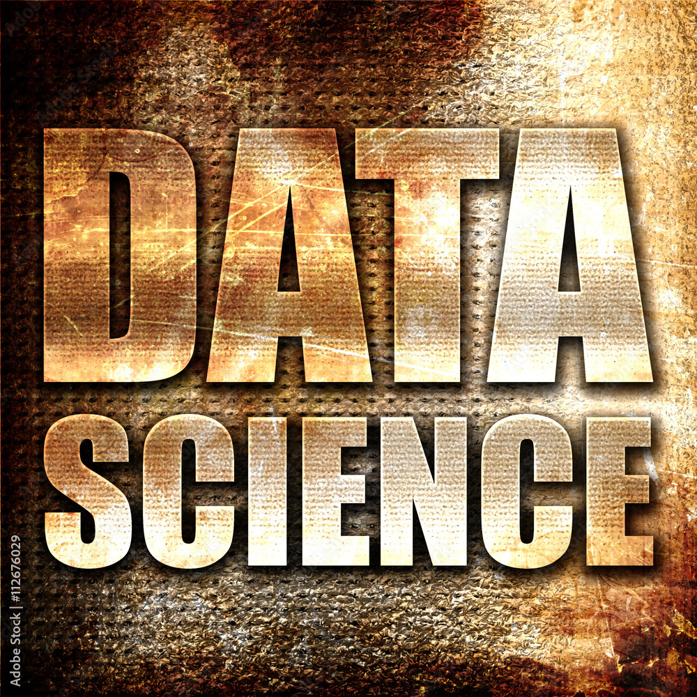 Poster data science, 3d rendering, metal text on rust background