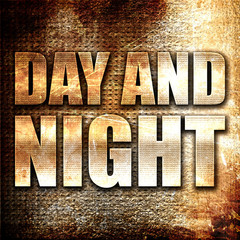 day and night, 3D rendering, metal text on rust background