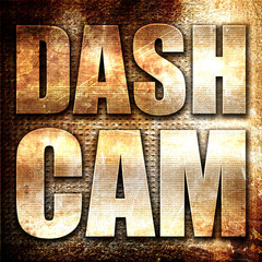 dashcam, 3D rendering, metal text on rust background