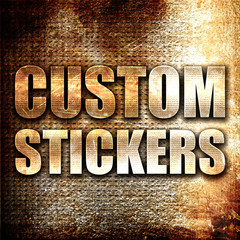 custom stickers, 3D rendering, metal text on rust background