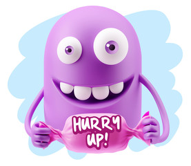 3d Rendering Smile Character Emoticon Expression saying Hurry Up