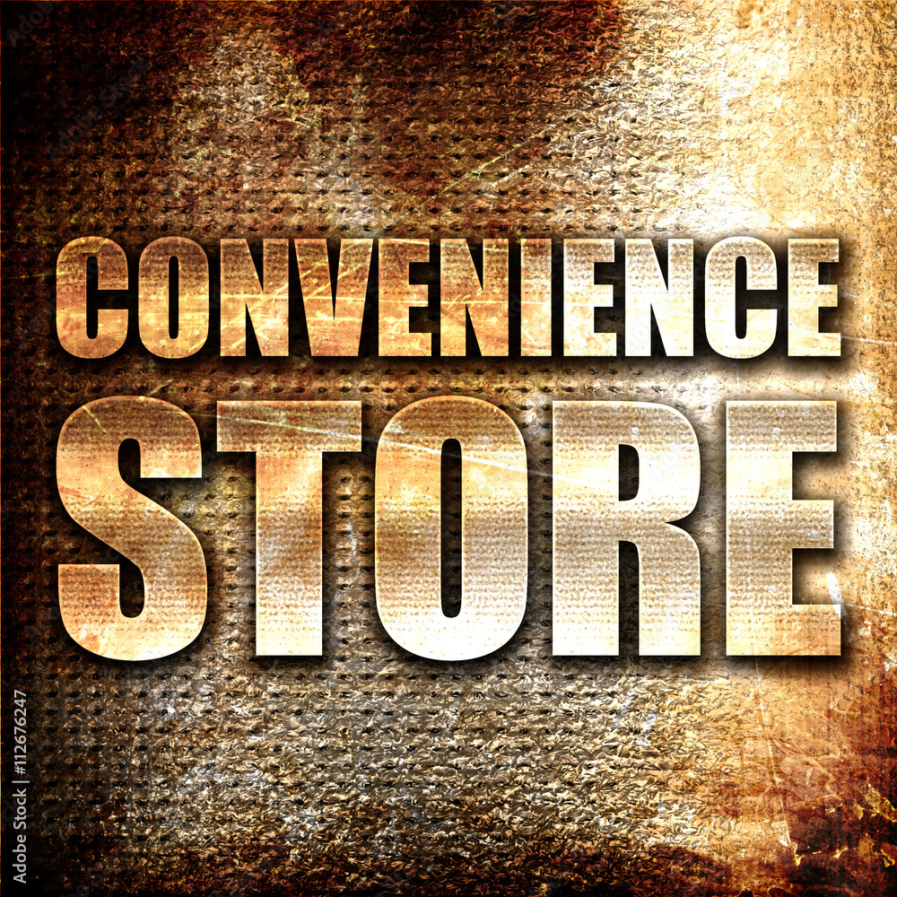 Poster convenience store, 3d rendering, metal text on rust background