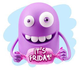 3d Rendering Smile Character Emoticon Expression saying It's Fri
