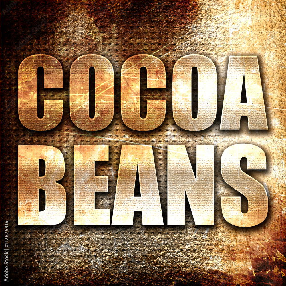 Aufkleber cocoa beans, 3d rendering, metal text on rust background