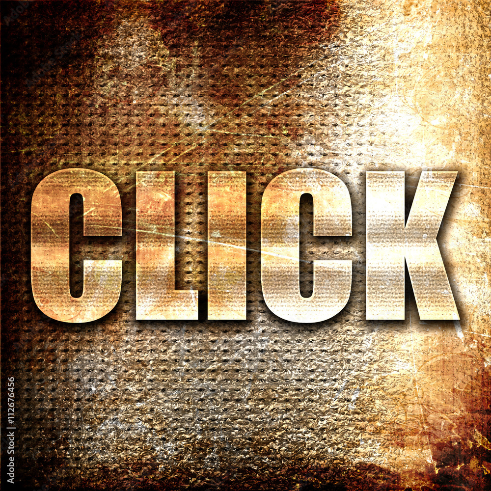 Poster click, 3d rendering, metal text on rust background