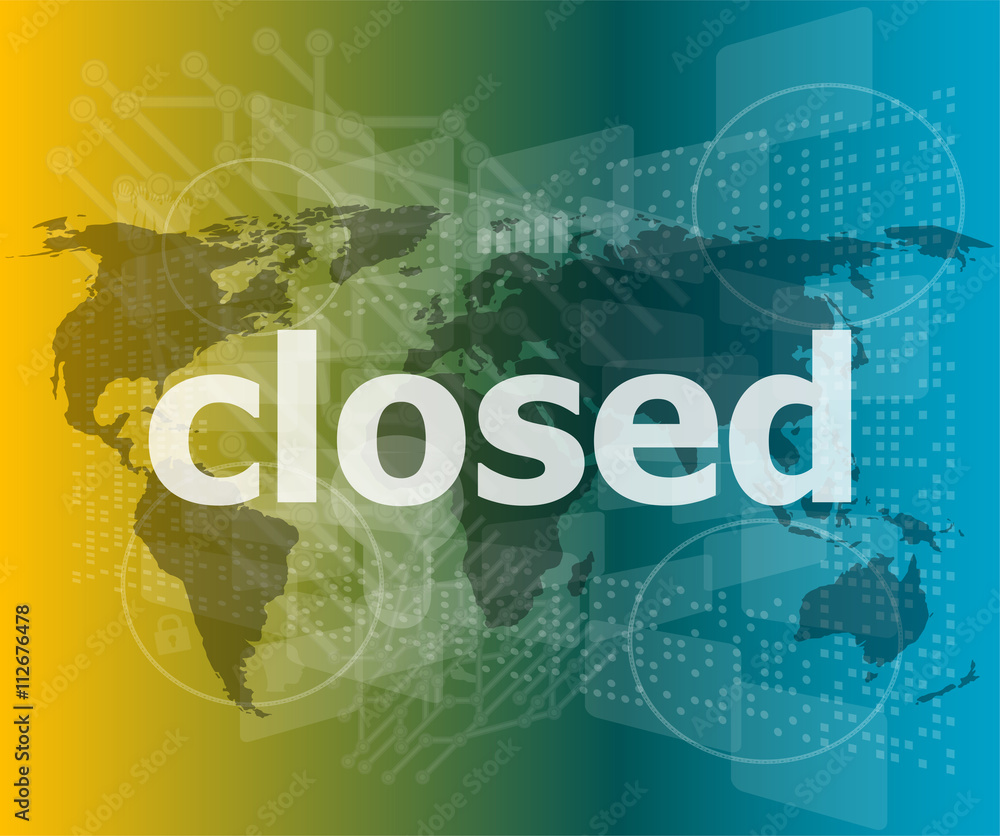 Poster safety concept: closed word on digital touch screen background vector quotation marks with thin line