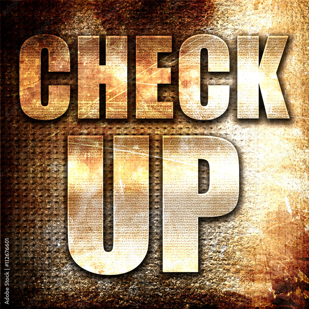 Poster check up, 3d rendering, metal text on rust background