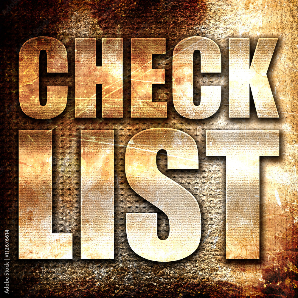 Poster checklist, 3d rendering, metal text on rust background