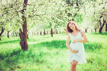Pregnant woman in the apple orchard is holding tummy
