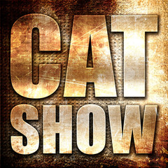 cat show, 3D rendering, metal text on rust background