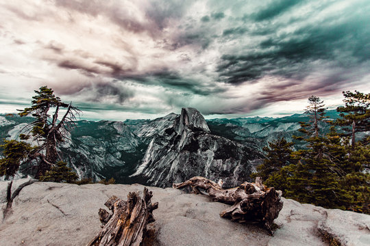 View of rocky mountains and dramatic sky