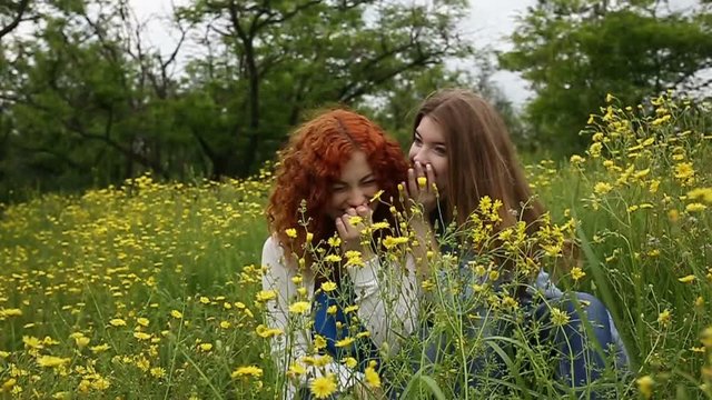 Best friends forever. Friends sitting in the meadow. Girls gossip. Intimate talk. Slow motion. The concept of friendship.
