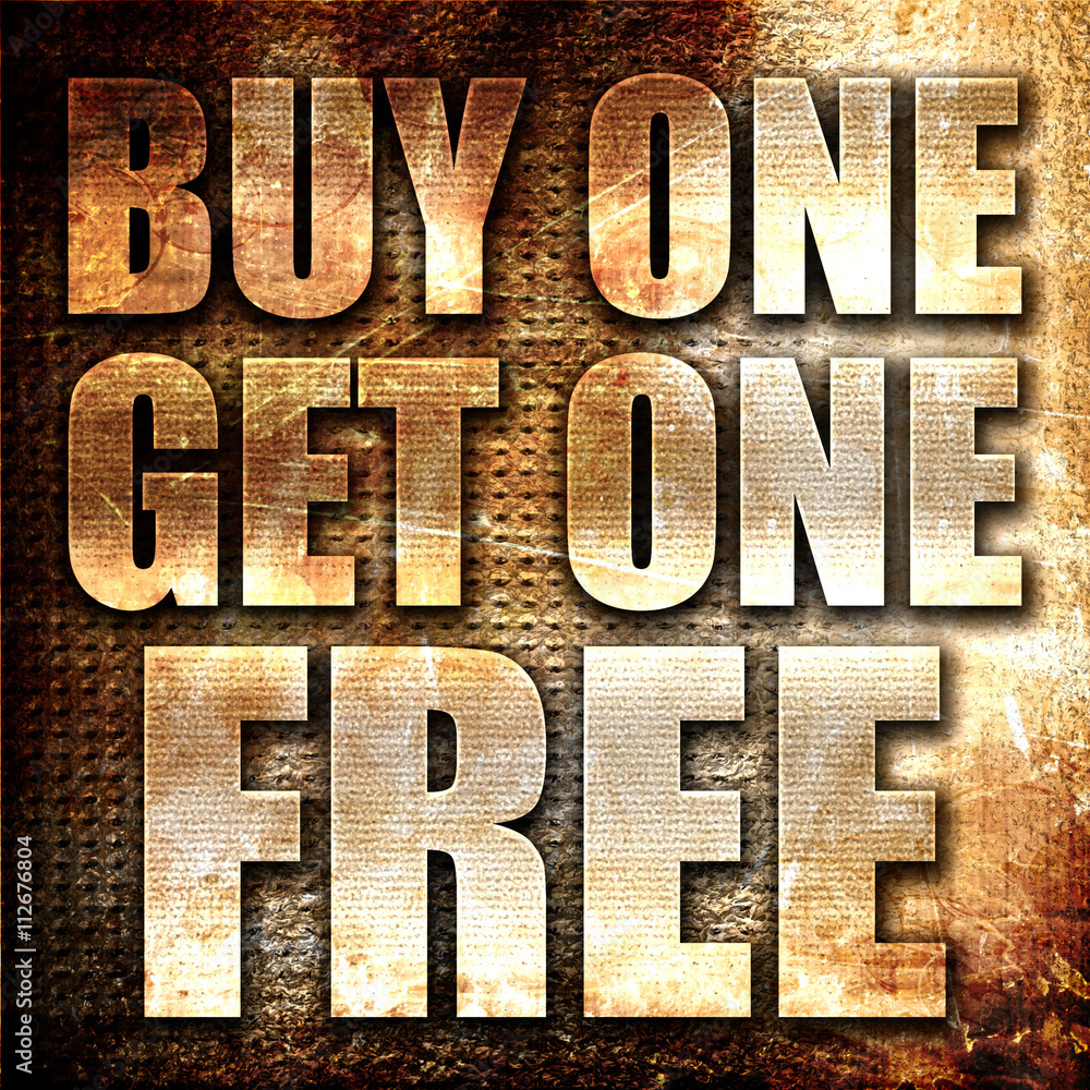 Poster buy one get one free, 3d rendering, metal text on rust backgroun