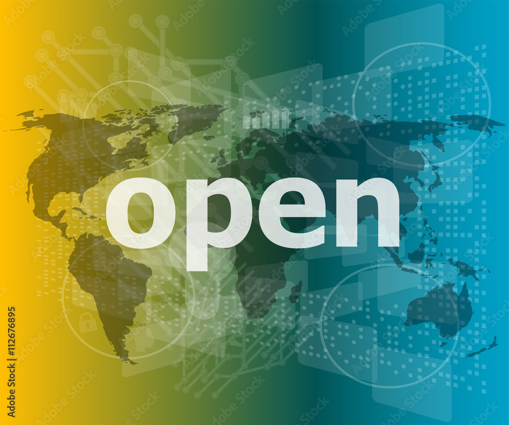 Poster security concept: open word on digital screen vector quotation marks with thin line speech bubble. c
