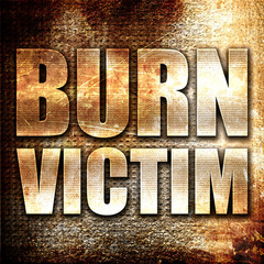 burn victim, 3D rendering, metal text on rust background
