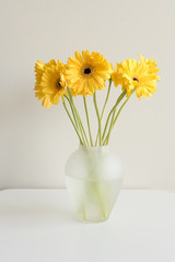 Yellow gerberas with long green stems in glass vase on white table against white wall (portrait orientation)
