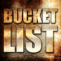 bucket list, 3D rendering, metal text on rust background
