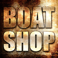 boat shop, 3D rendering, metal text on rust background