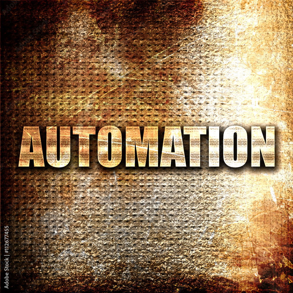 Aufkleber automation, 3d rendering, metal text on rust background