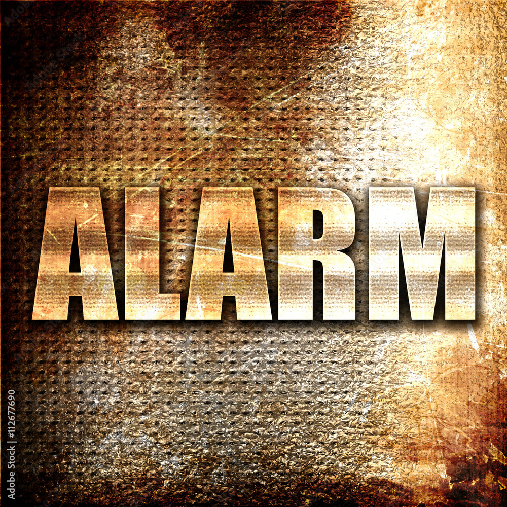 Poster alarm, 3d rendering, metal text on rust background