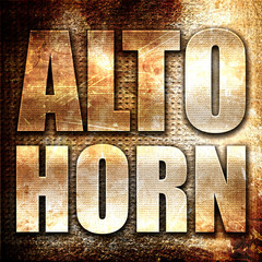 alto horn, 3D rendering, metal text on rust background