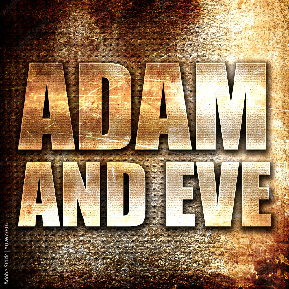 Poster adam and eve, 3d rendering, metal text on rust background