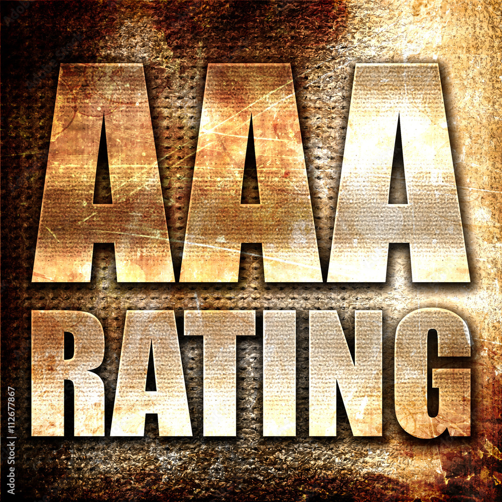 Sticker aaa rating, 3d rendering, metal text on rust background