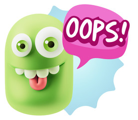 3d Rendering Smile Character Emoticon Expression saying Oops wit